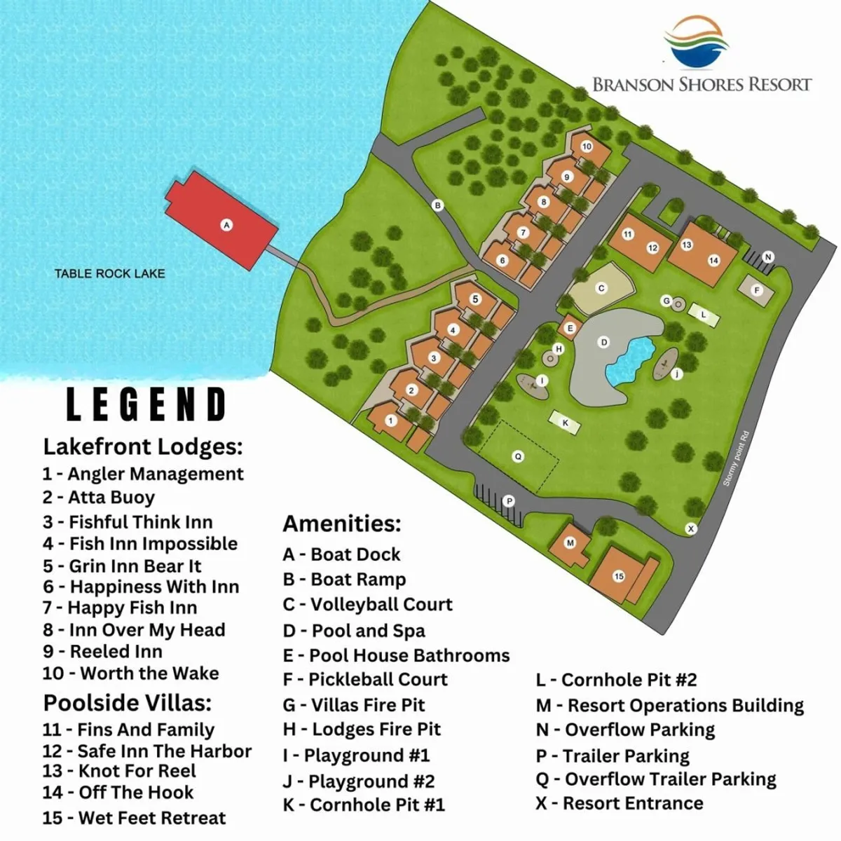 This wide-angle exterior image showcases Table Rock Lake in the background, with lakefront lodges, a vibrant pool area, and various amenities in view. The scene captures families and groups engaging in swimming, fishing, playing sports, and gathering together, all set against the tranquil lakeside landscape.